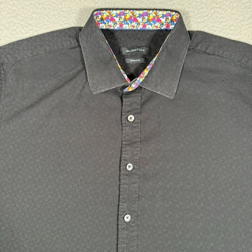 Bugatchi Shirt Mens XL Black 100% Cotton Shaped Fit Button Up Preppy Cuffed